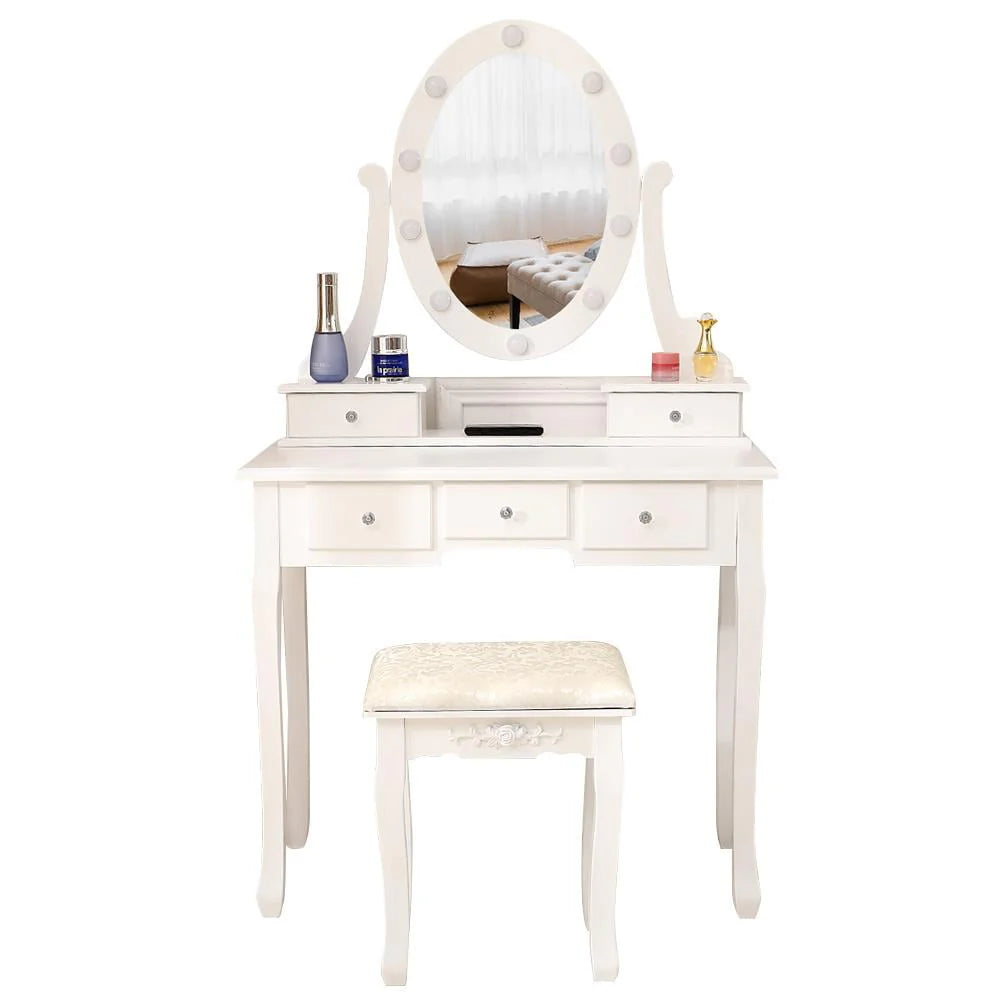 White Vanity Table Set with 5 Drawers and Cushioned Stool C81622