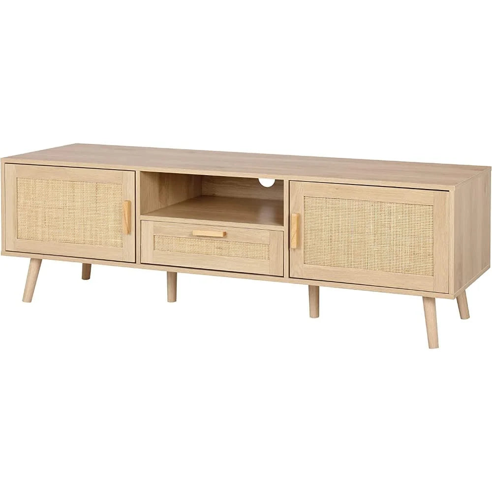 Wooden TV Console Table with 2 Rattan Doors and 2 Open Shelves R320742