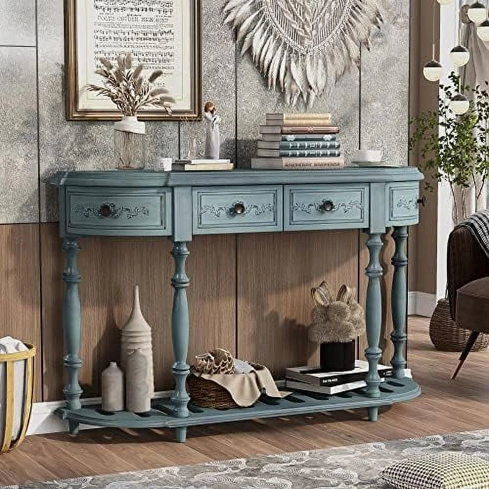 Curved Console Table with 4 Drawers Solid Wood Frame Black U9151
