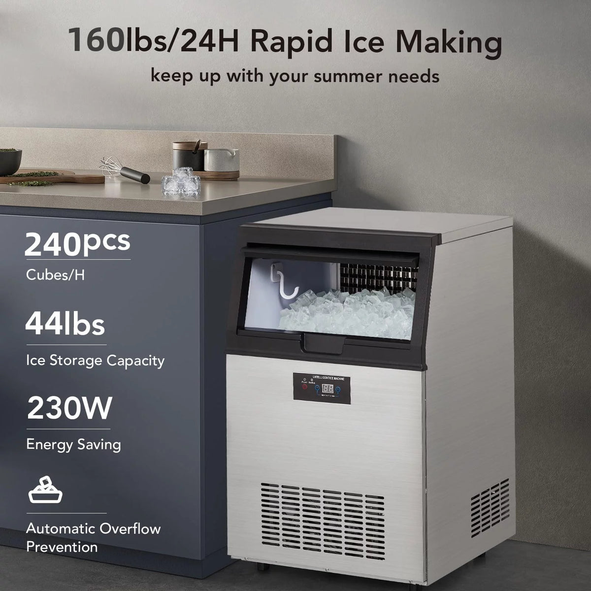 Commercial Stainless Steel Ice Maker with 44lbs Ice Storage Y367