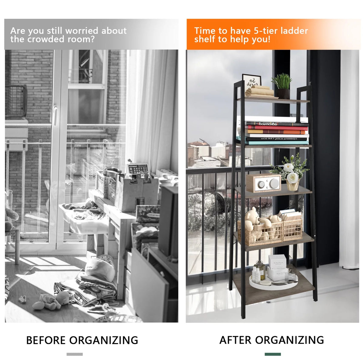 5 Tier Ladder Shelf Bookshelf with Metal Frame Y199798
