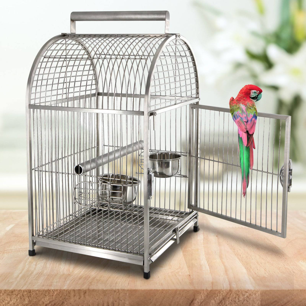 Stainless Steel Parrot Travel Cage Bird Cage Carrier with Handle Perch L528