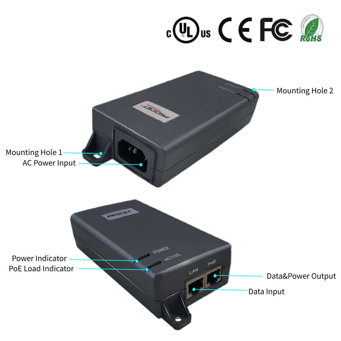 30W PoE+ Injector Adapter, 10/100/1000Mbps Shielded RJ-45 D919177