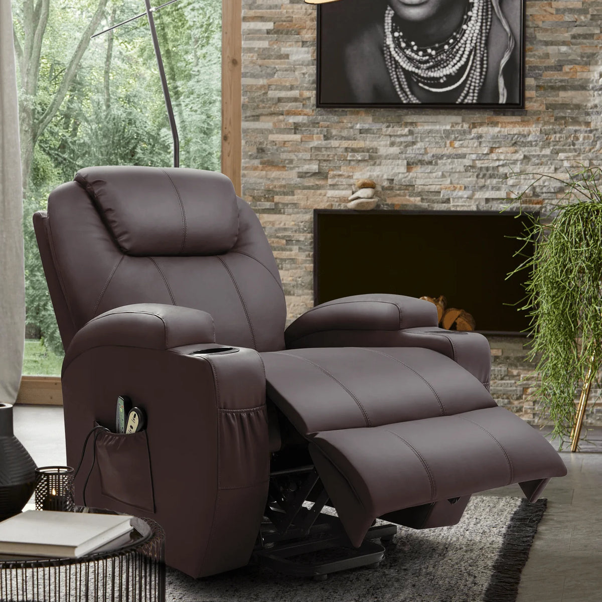 Brown Faux Leather Power Lift Recliner with Massage and Heat G858711
