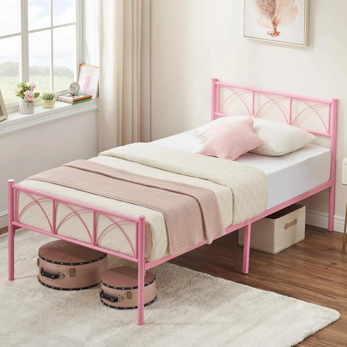Pink Twin Metal Platform Bed Frame with Headboard B412324