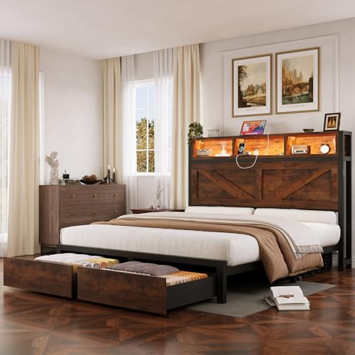 Brown Full Bed Frame with Bookcase Storage Headboard and 2 Storage Drawers J3475