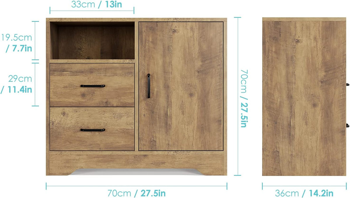 Rustic Brown 2 Drawer Wooden Storage Cabinet with Door and Adjustable Shelves D78032