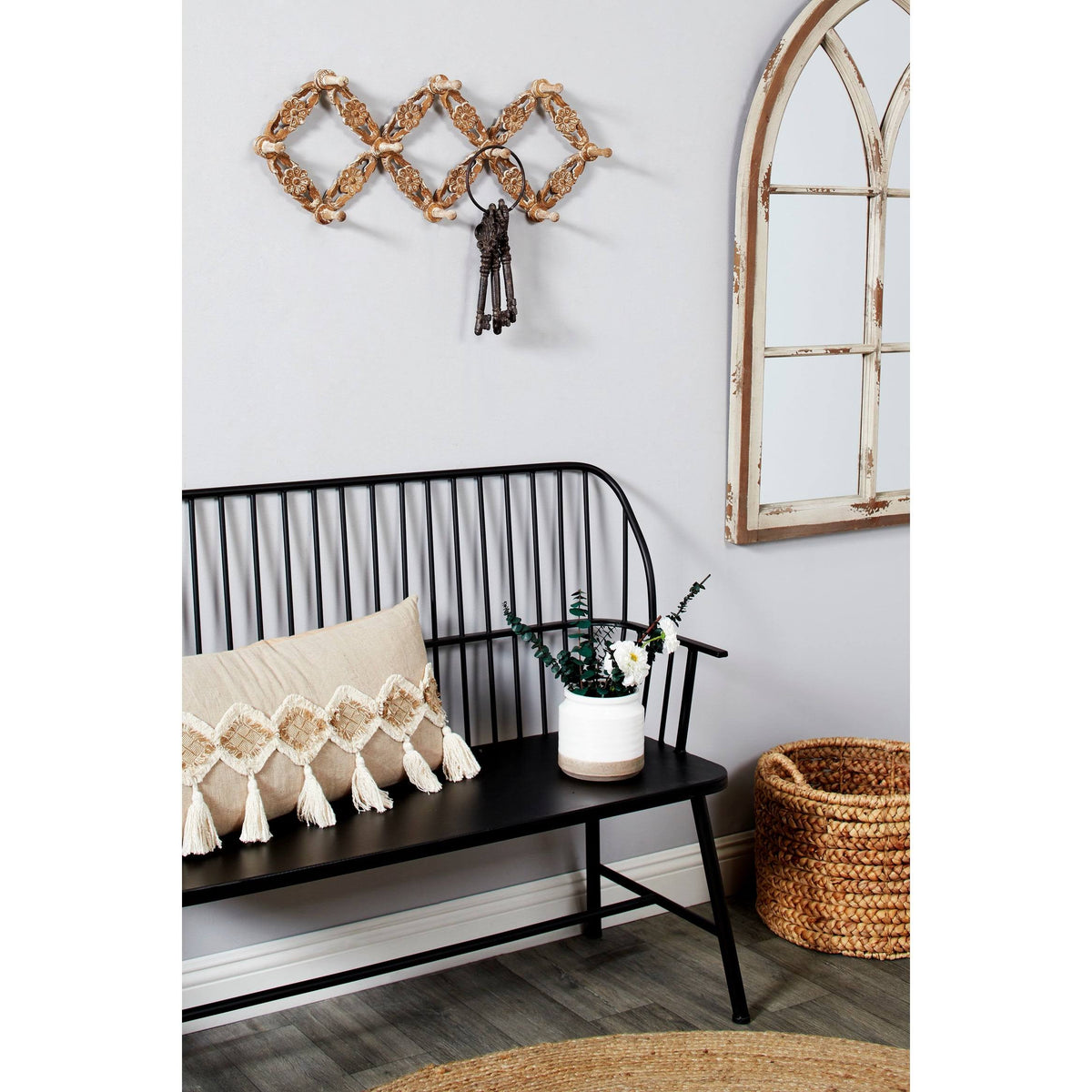 Large Natural Wood Wall Hook Accordion Rack with 10 Wood Pegs I480