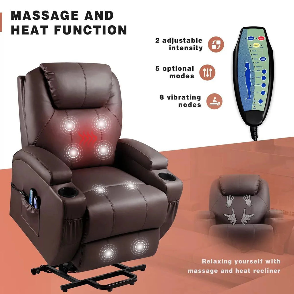 Brown Faux Leather Power Lift Recliner with Massage and Heat G858711