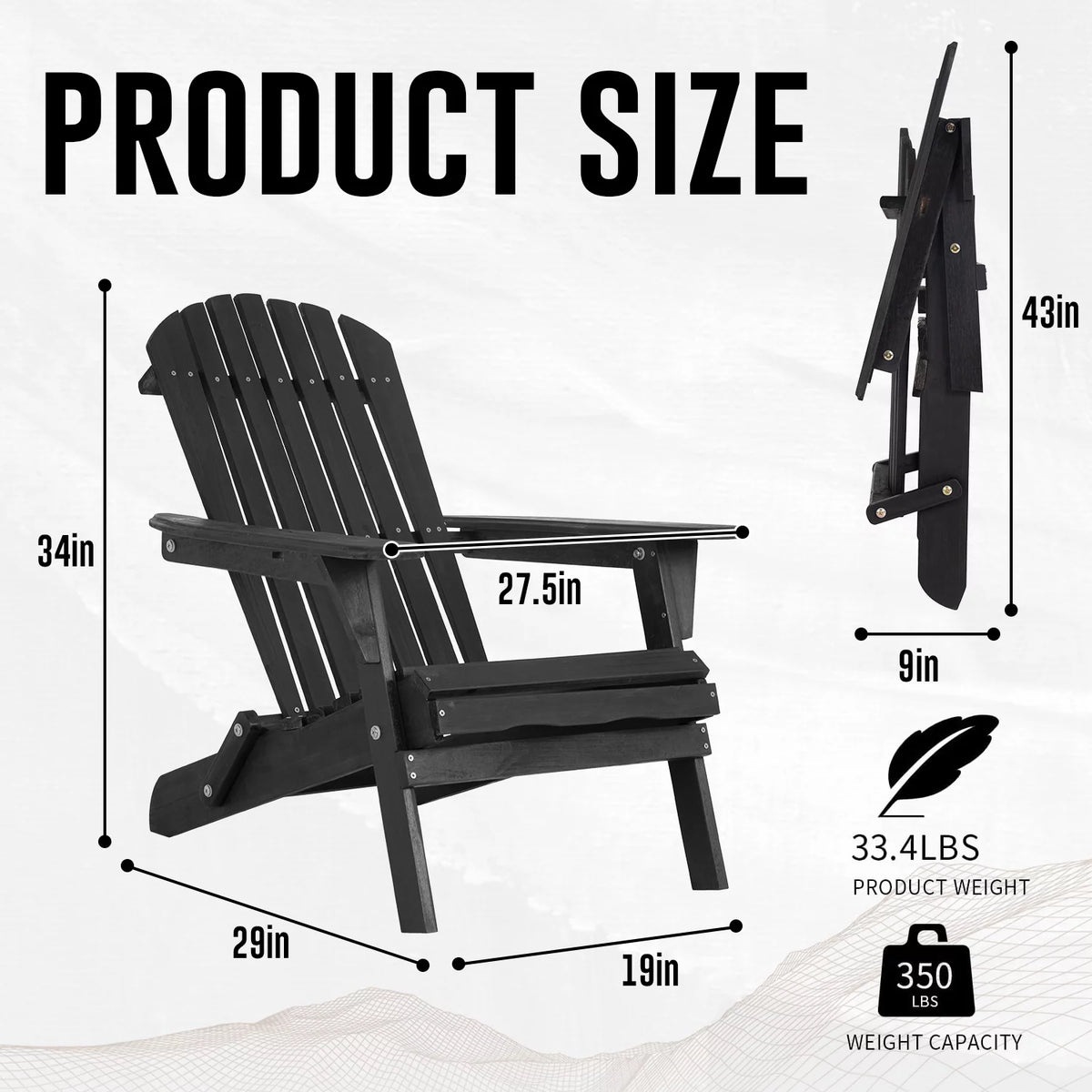 Folding Adirondack Chair Set of 2 Weather Resistant Wood Patio Chair Black S655474