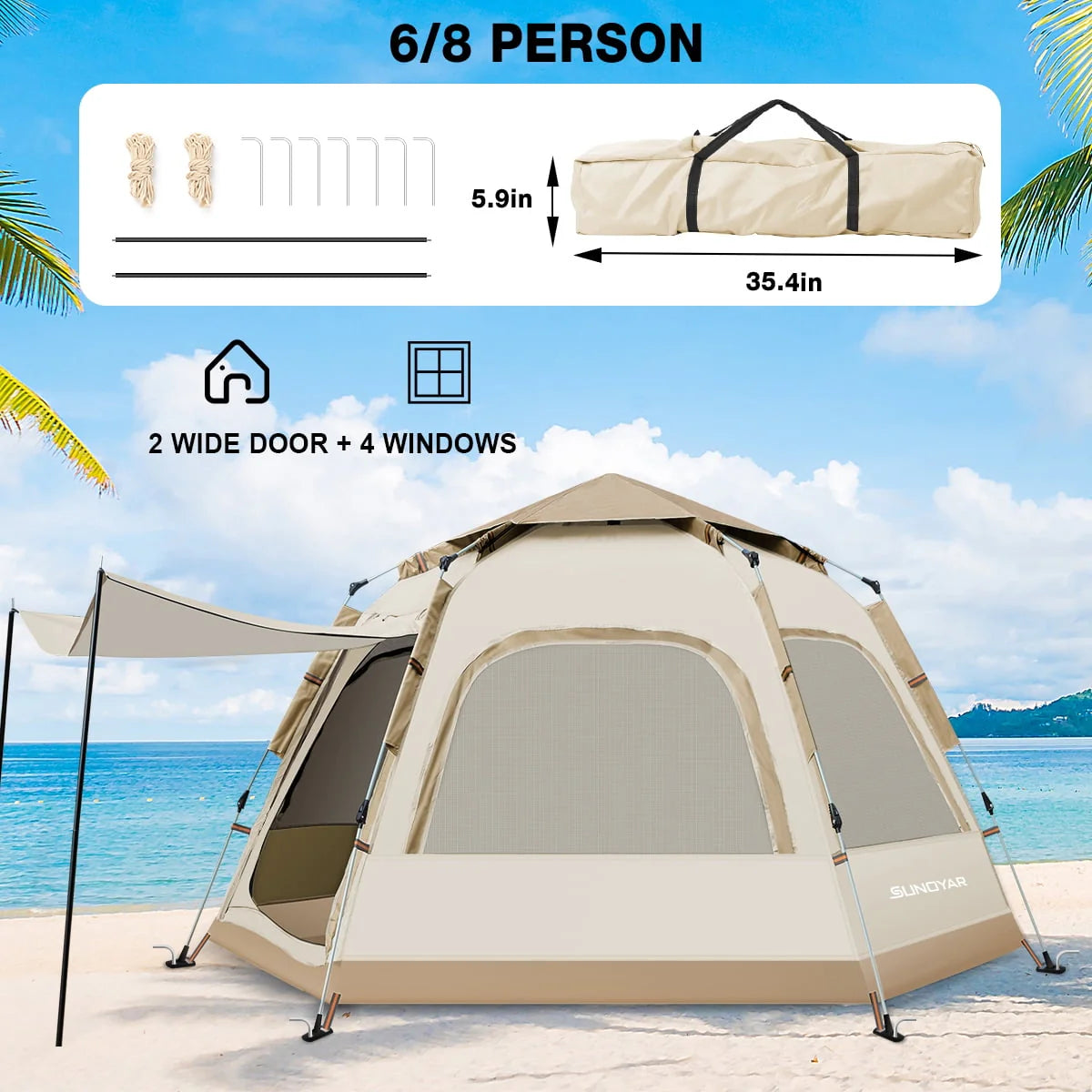 6-8 Person Waterproof Tent with Rain Fly and Carrying Bag E4401