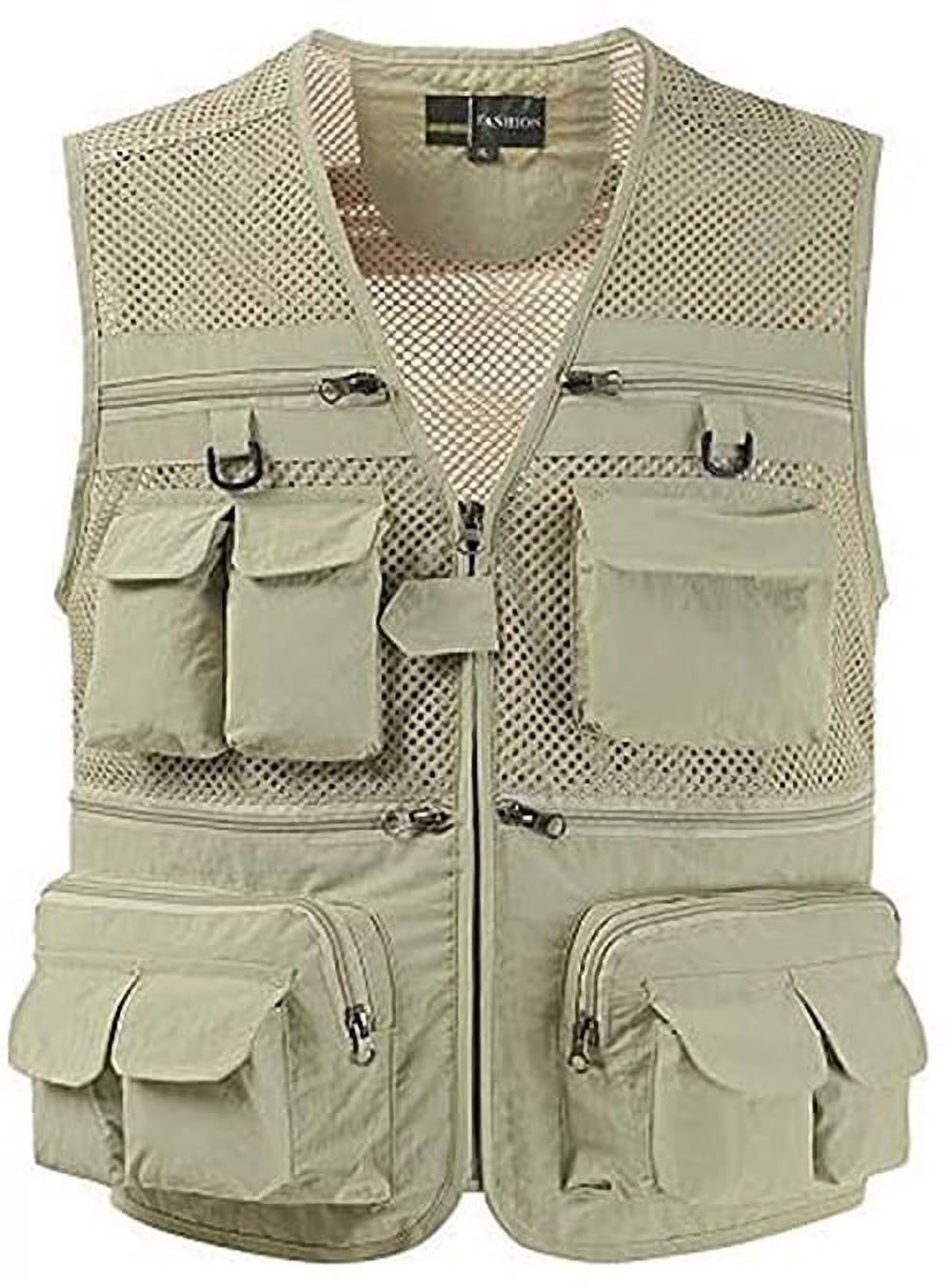 Beige XL Mesh 16 Pockets Fishing Hiking Vest T410