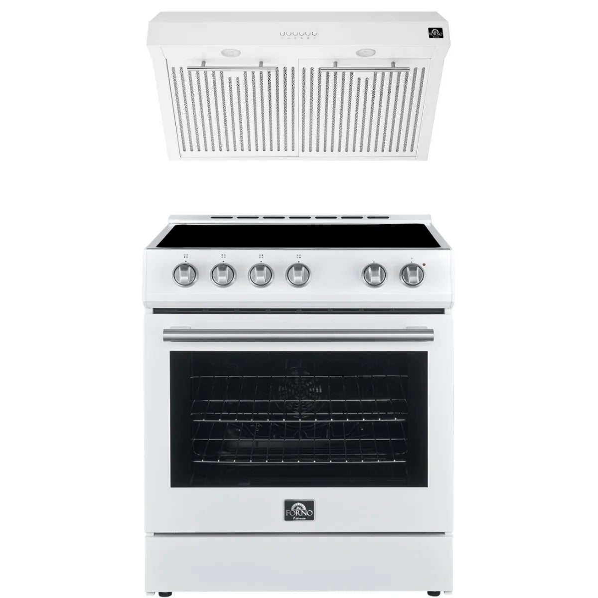 30 Electric Range and Range Hood in White with Silver Handles M723