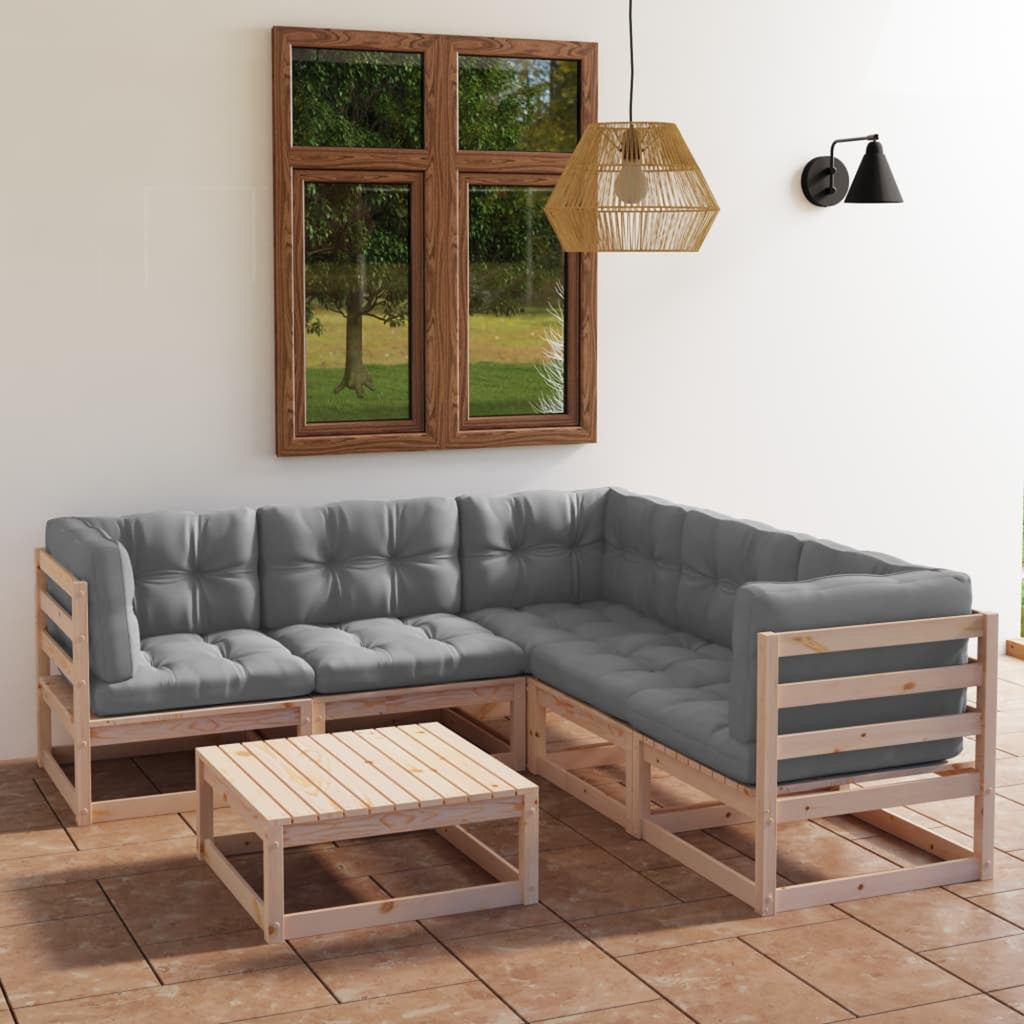6 Piece Gray Cushioned Pinewood Patio Lounge Set U703606