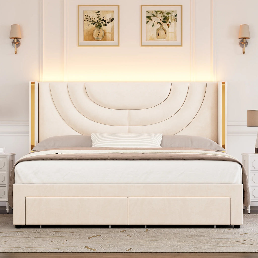 Full Size Velvet Upholstered Platform Bed Frame with 2 Drawers V977