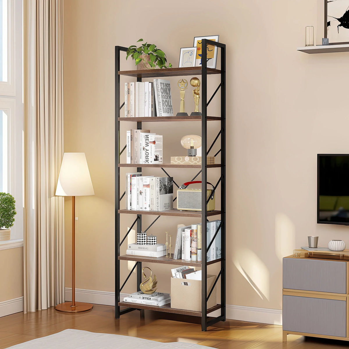 6 Tiers 69 inch Freestanding Bookshelf Black & Brown I9233