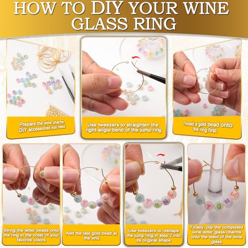 60 Sets DIY Wine Glass Charms with Letter Beads Gold Beads Charm Rings Tweezers V608936