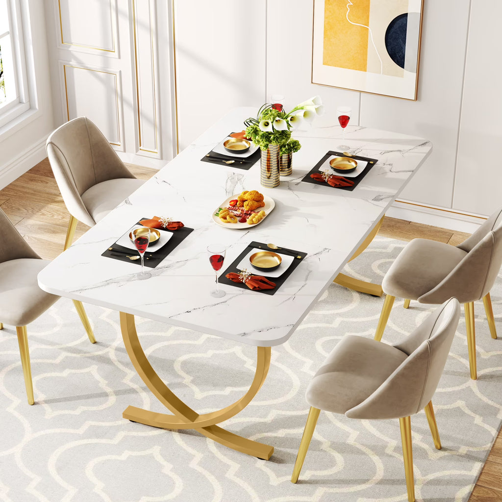 63 Inch Rectangular Faux Marble Dining Table with Metal Legs Y9617