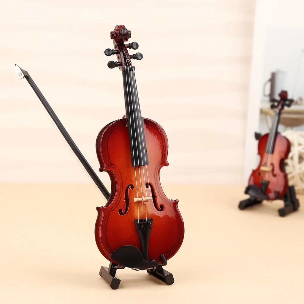Wooden Mini Violin Model with Stand Playable Tiny Violin Figurine Miniature Musical Instrument Ornament G2369