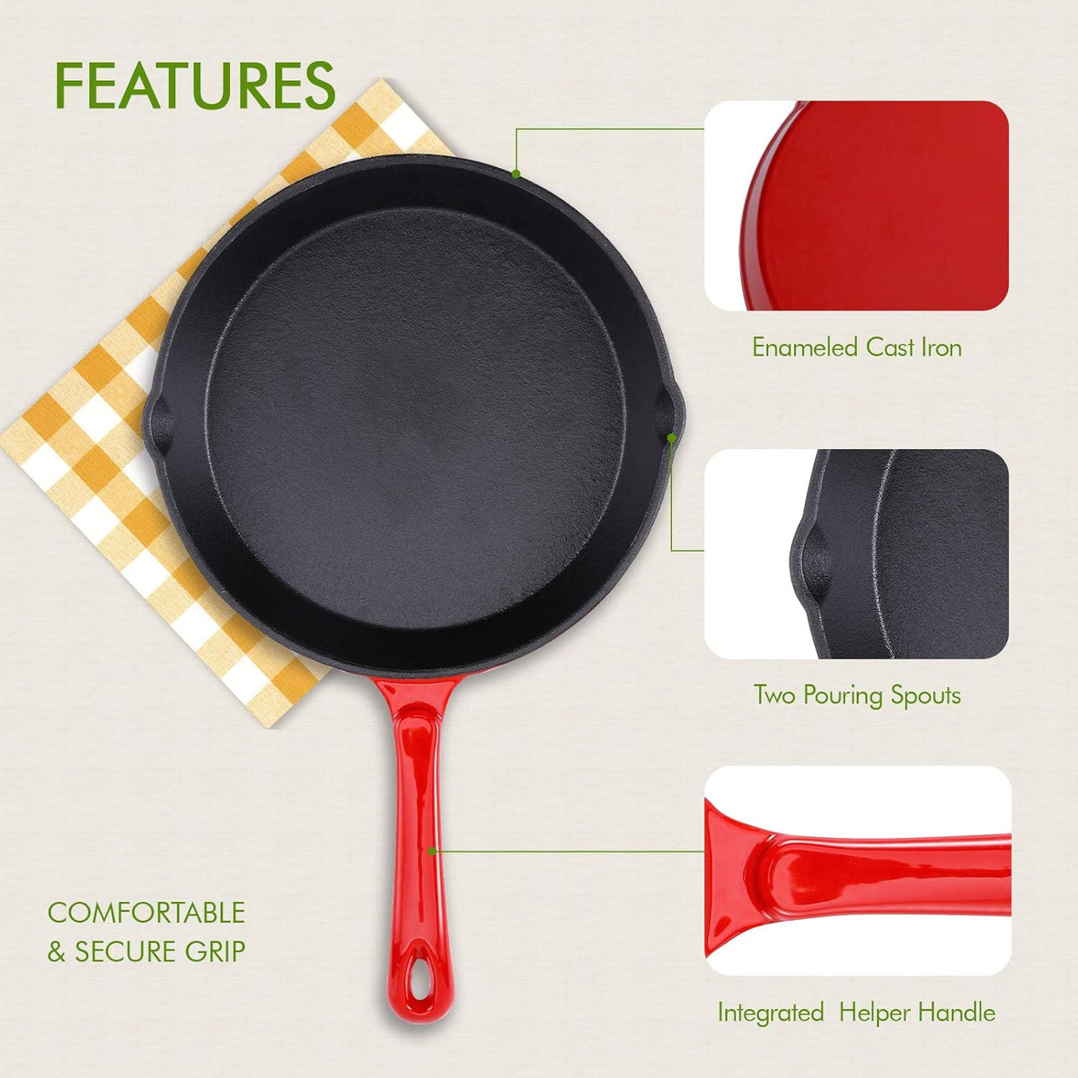 Enameled Cast Iron Skillet 10 Inch Round Fry Pan Cherry Red O926707