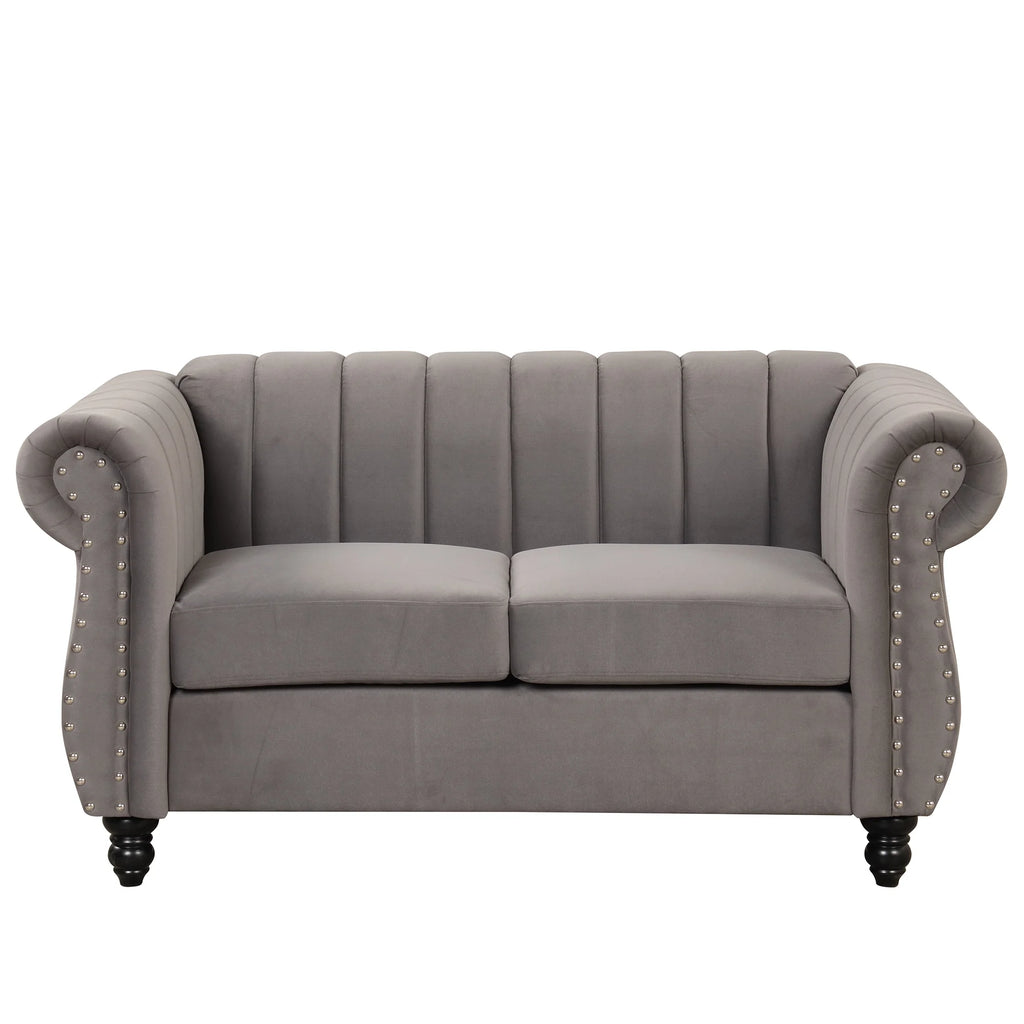 Gray Buttoned Tufted Sofa with Solid Wood Legs E262