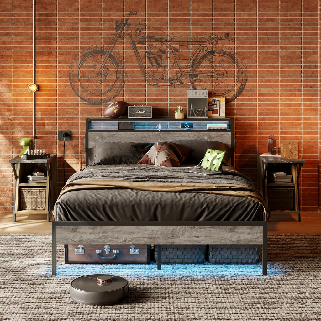 Queen Size Platform Bed with Storage Headboard and Charging Station, Grey G362