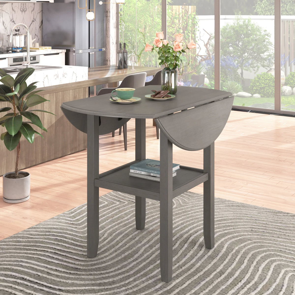 Round Drop Leaf Kitchen Dining Table with Shelf J3322