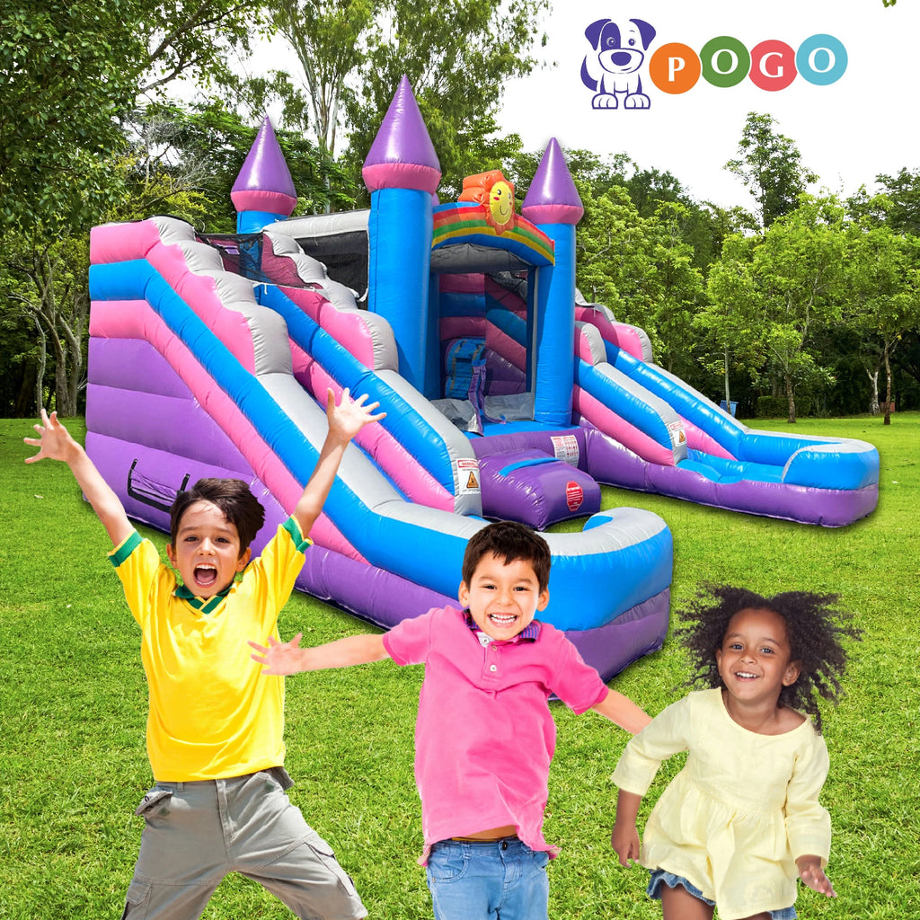 Pink Tropical Rainbow Double Water Slide Bounce House Combo U986919