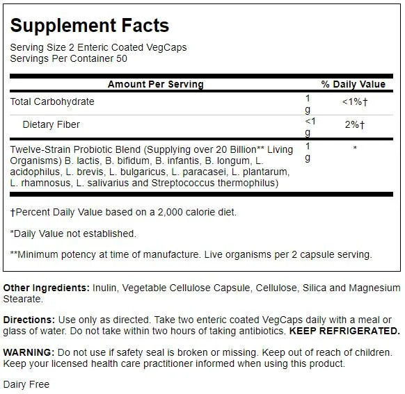 12 Strain Probiotic 20 Billion CFU 100 Enteric VegCaps J258