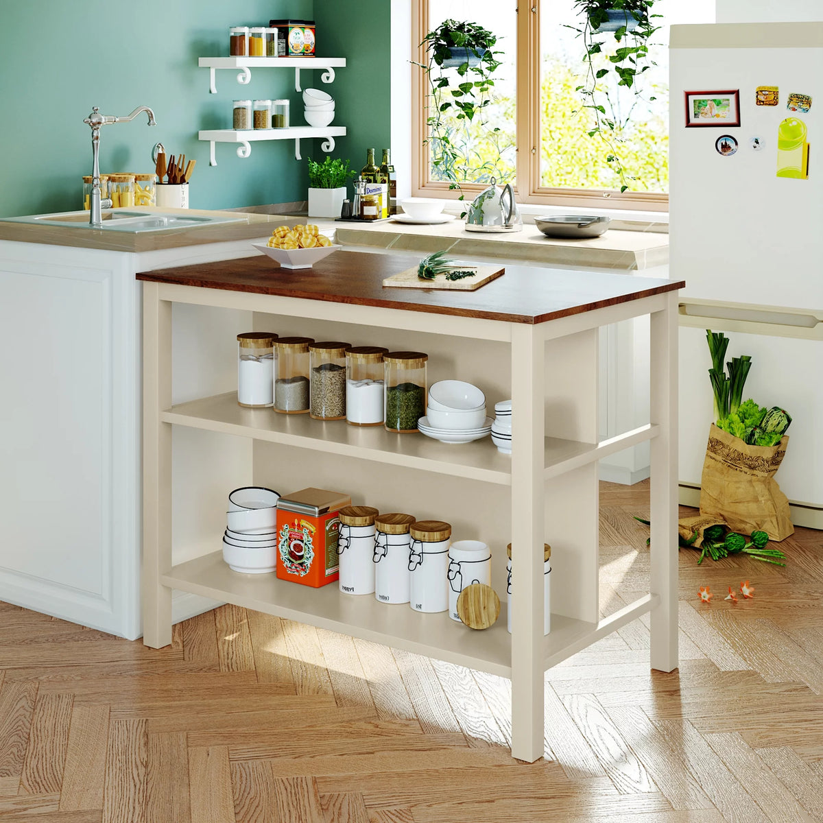 Solid Wood Kitchen Island with 2 Open Shelves H1698