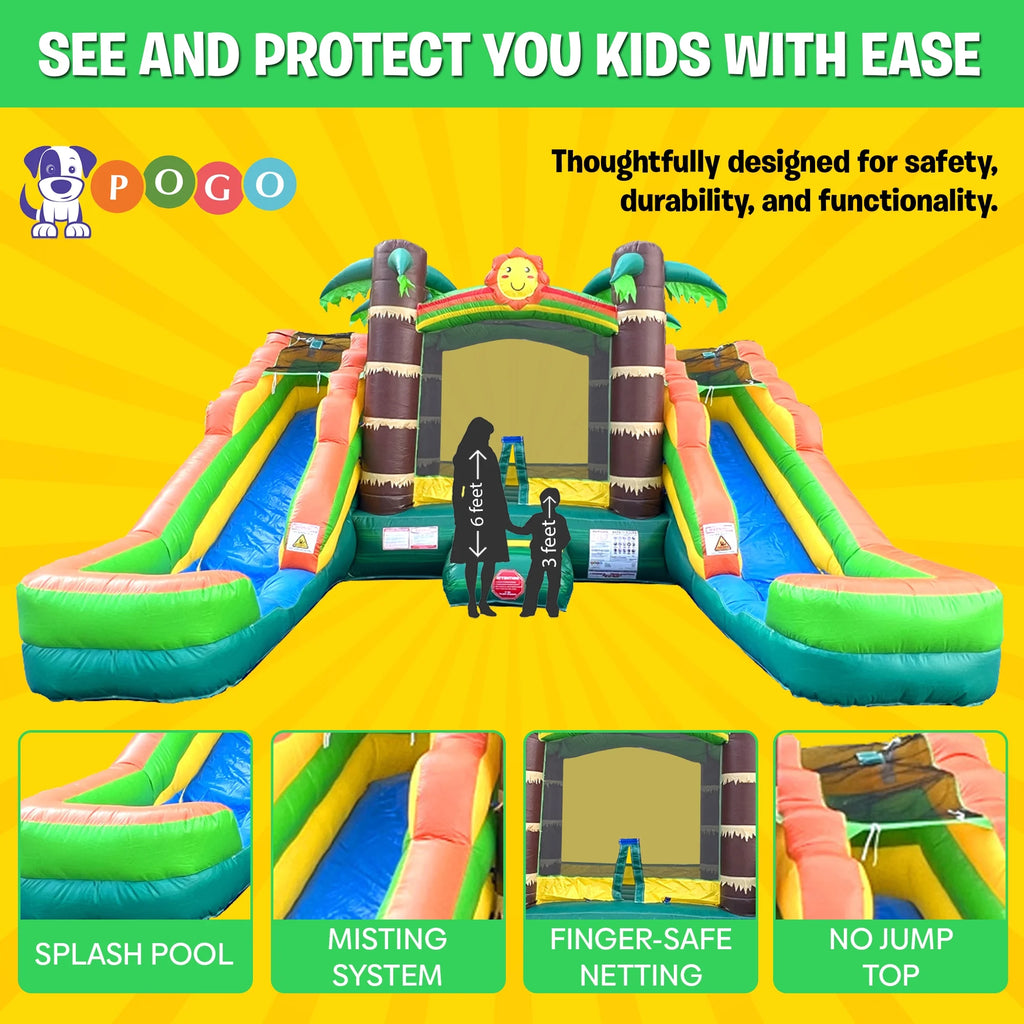 Pink Tropical Rainbow Double Water Slide Bounce House Combo U986919
