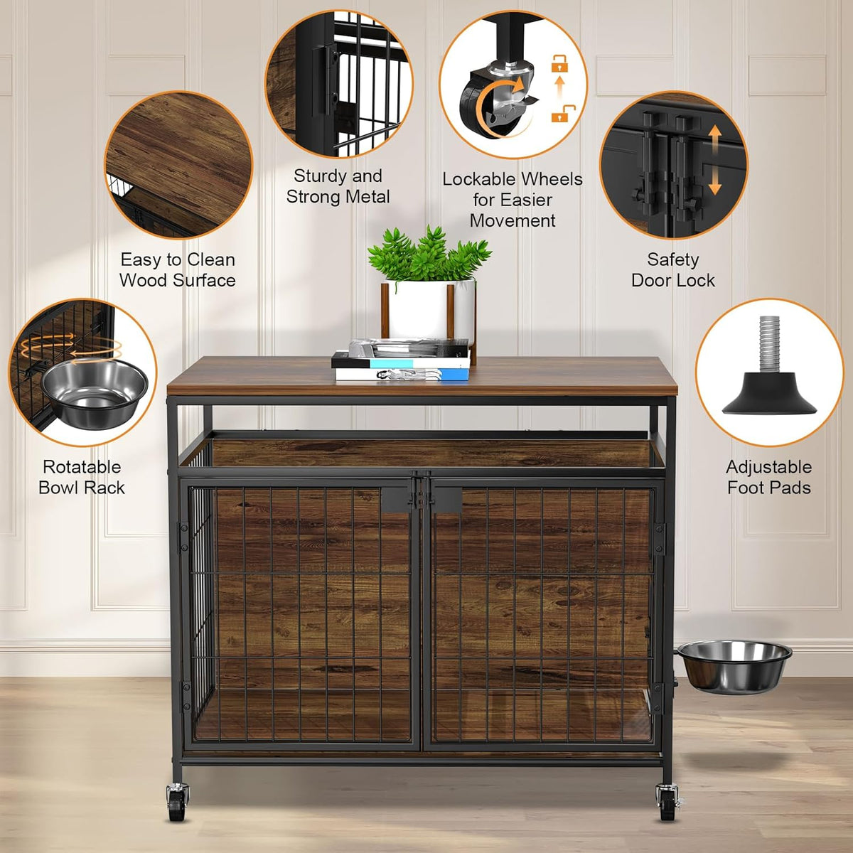 31" Heavy Duty Wooden Dog Crate Furniture with Wheels P607002