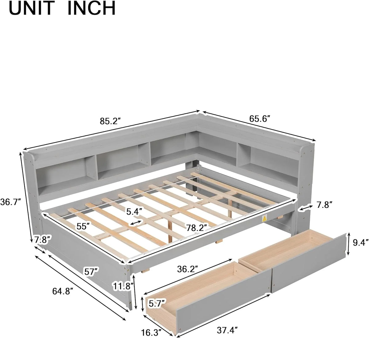 Full Size Wood L-Shape Daybed with Bookcase Headboard and Drawers A803