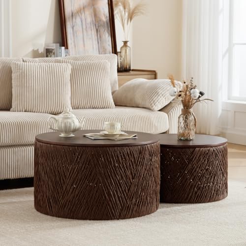 Large Round Storage Coffee Table Set of 2 Hand-Woven Rattan Brown B801