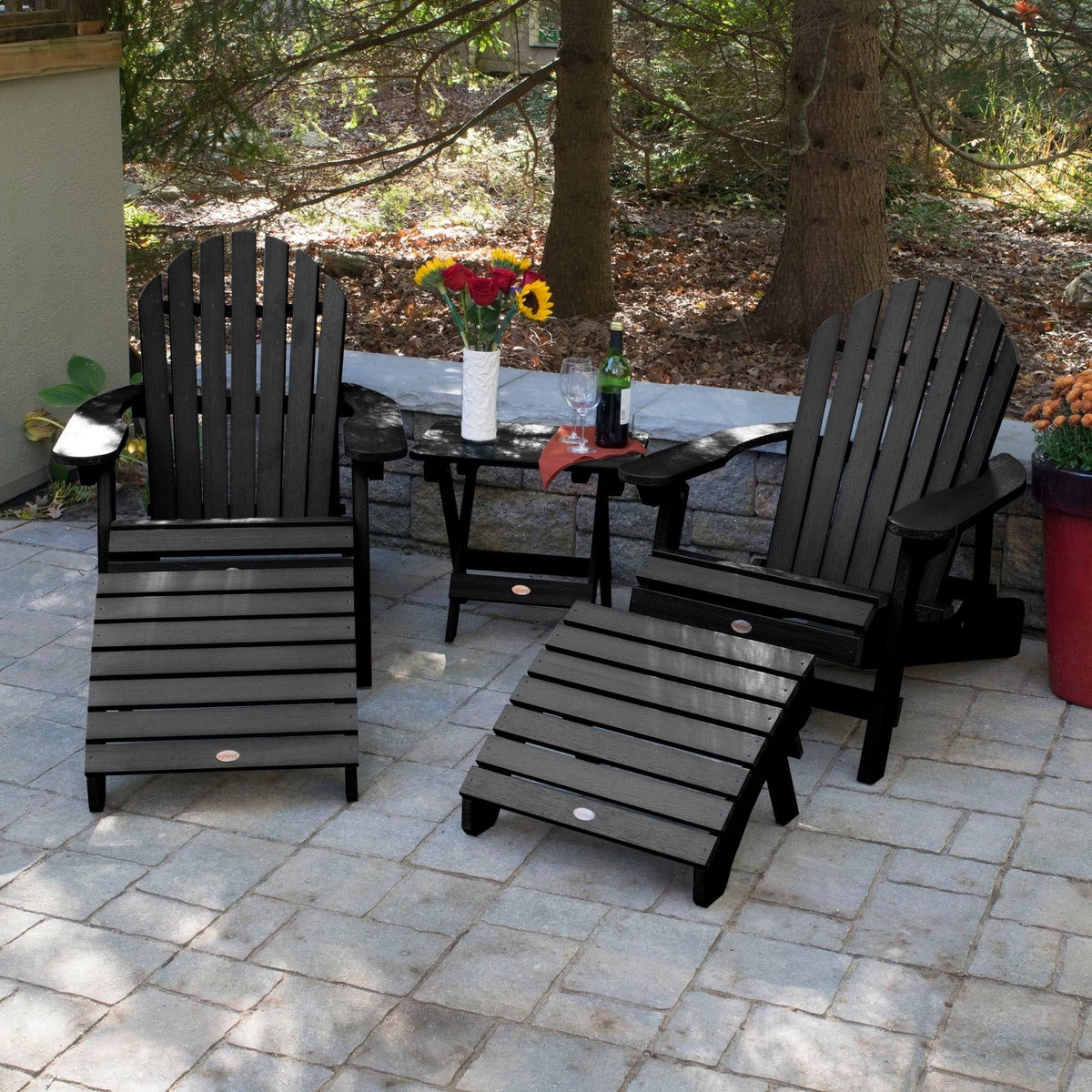 2 Reclining Adirondack Chairs with Ottomans and Folding Side Table O4677