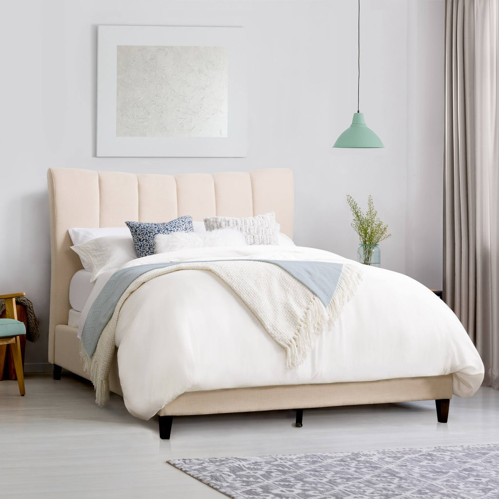 Cream Fabric Channel-Tufted Bed Frame Queen X30212