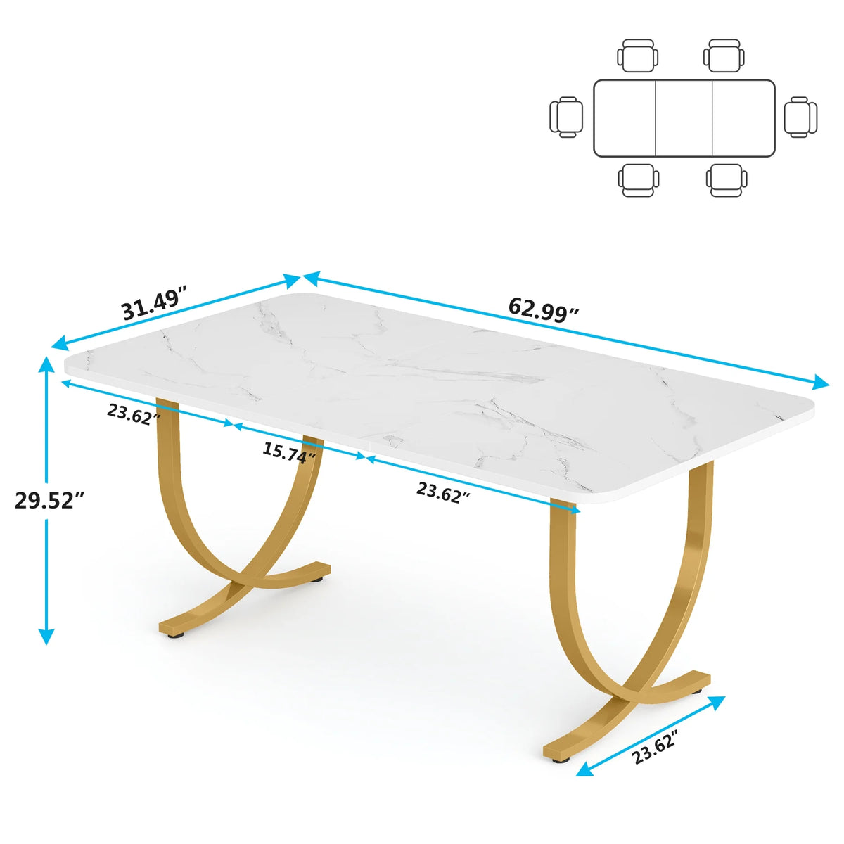 63 Inch Rectangular Faux Marble Dining Table with Metal Legs Y9617