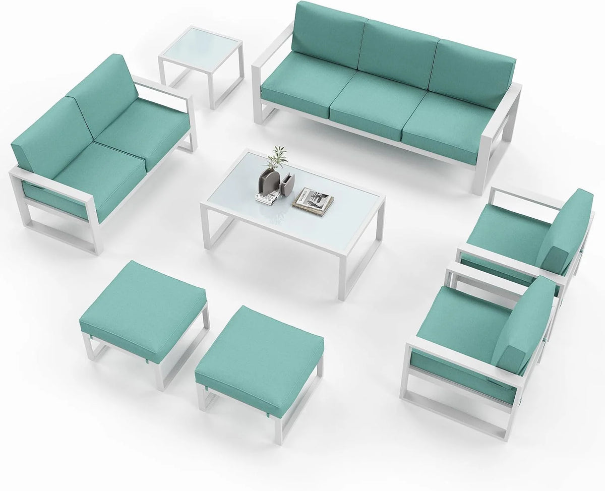 8 Pieces White Aluminum Patio Furniture Set with Ottoman and Coffee Table Y288784