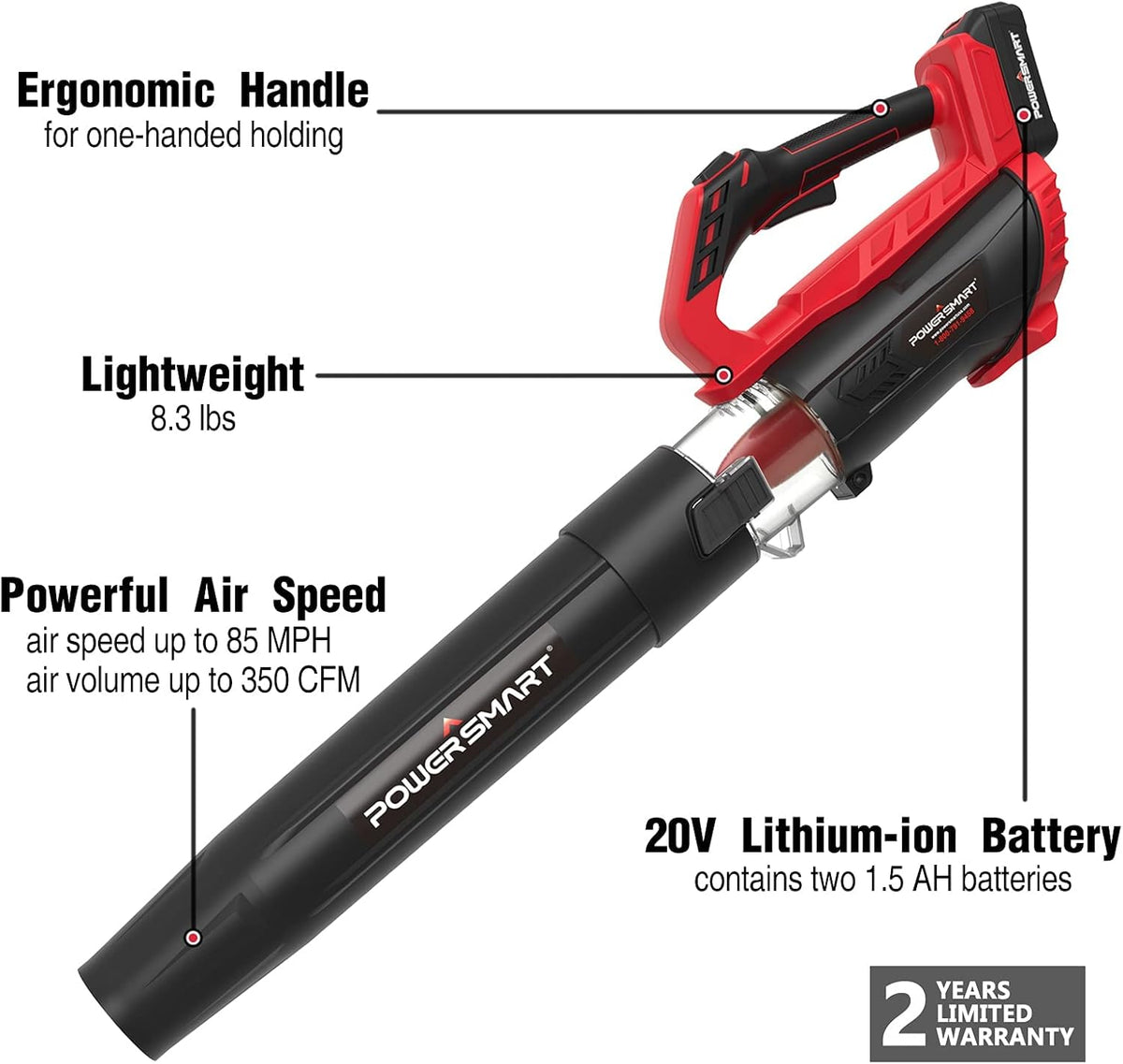 Cordless 20V Electric Leaf Blower with 2 X 2.0 Battery & Charger, 350CFM 85MPH X785