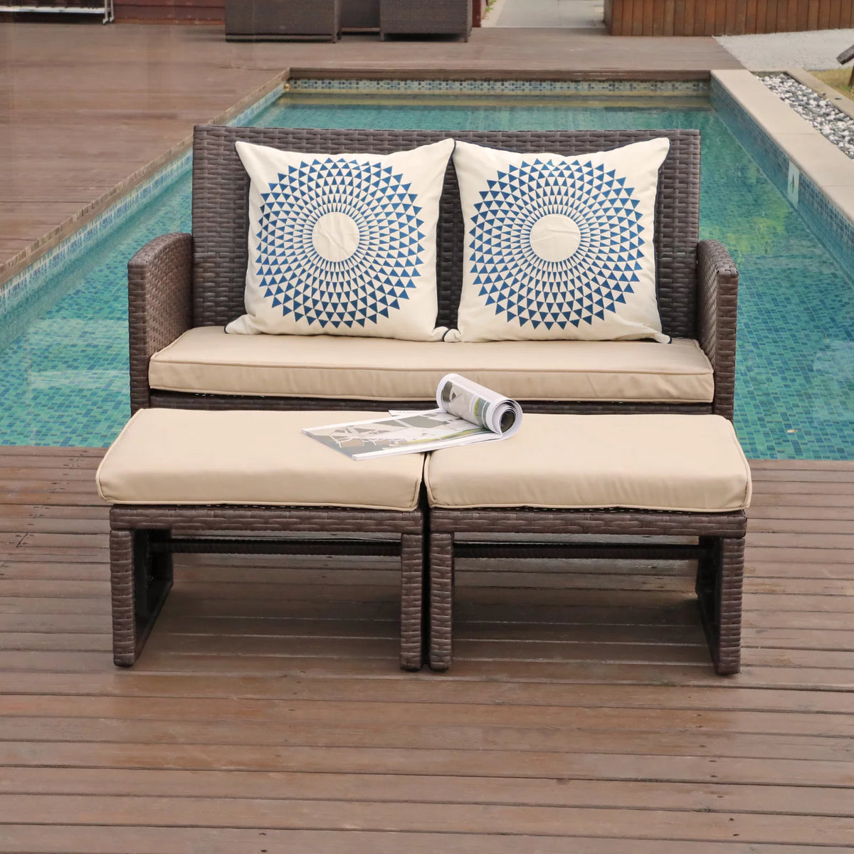3 Piece Brown Rattan Outdoor Loveseat with Ottoman and Side Table N8413