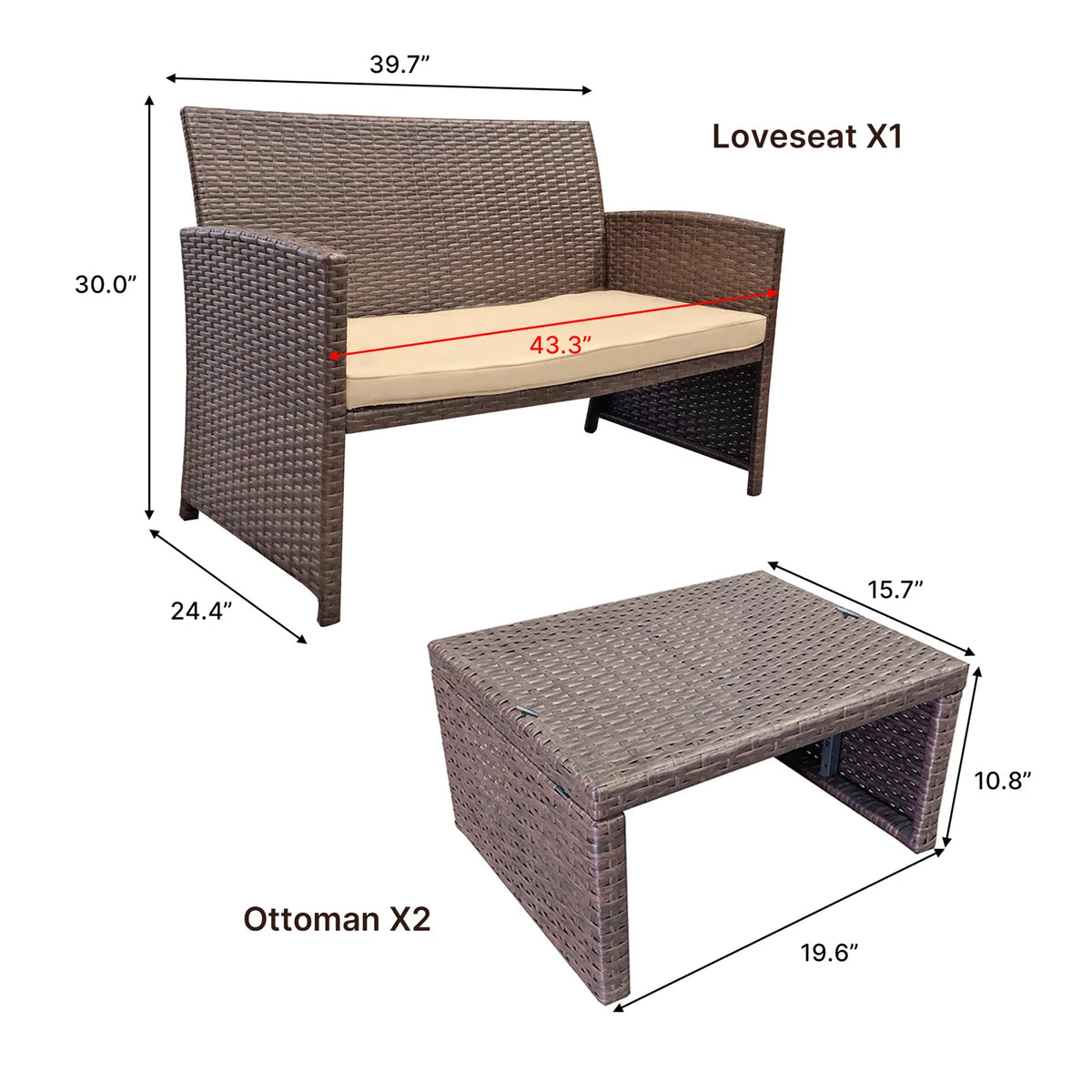 3 Piece Brown Rattan Outdoor Loveseat with Ottoman and Side Table N8413