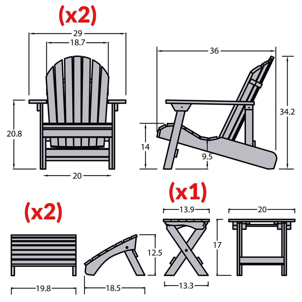 2 Reclining Adirondack Chairs with Ottomans and Folding Side Table O4677