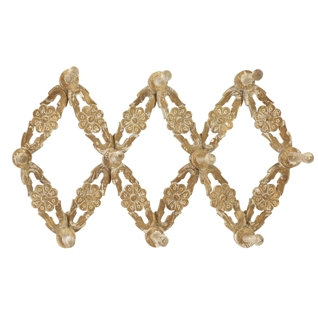 Large Natural Wood Wall Hook Accordion Rack with 10 Wood Pegs I480