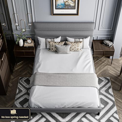 Dark Gray Full Size Linen Fabric Upholstered Platform Bed Frame C200