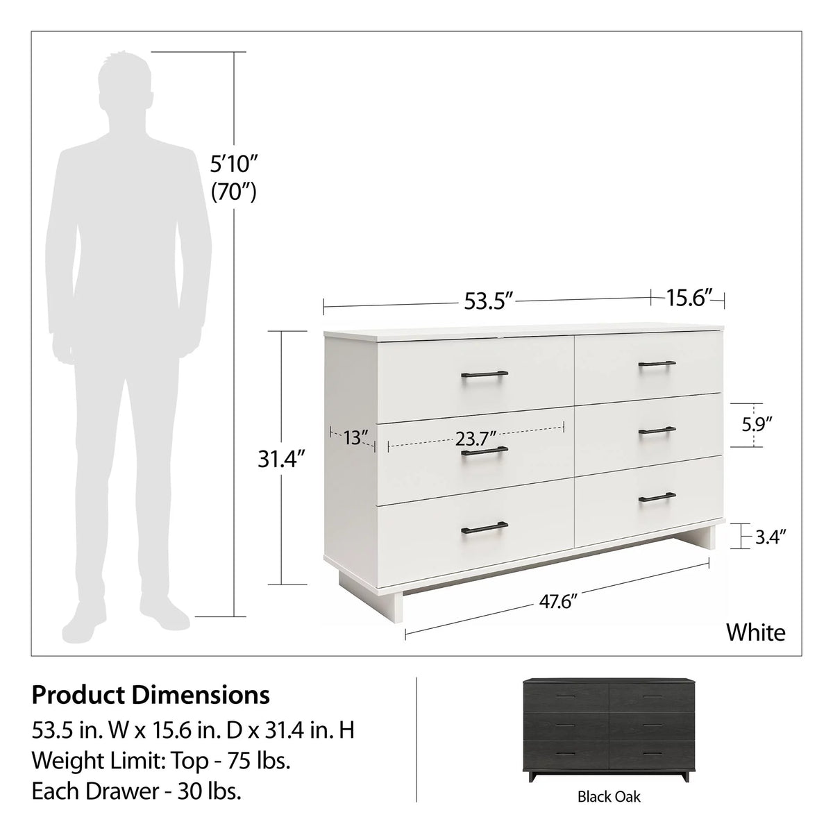 Black Oak 6 Drawer Wide Dresser U130104