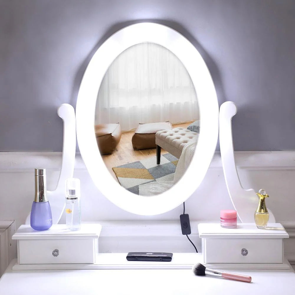 White Vanity Table Set with 5 Drawers and Cushioned Stool C81622