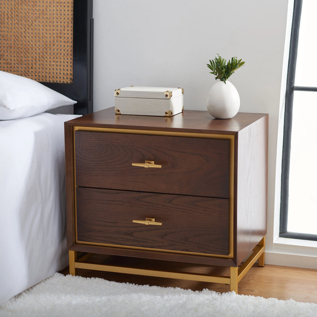 2 Drawer Walnut Brass Nightstand F7631