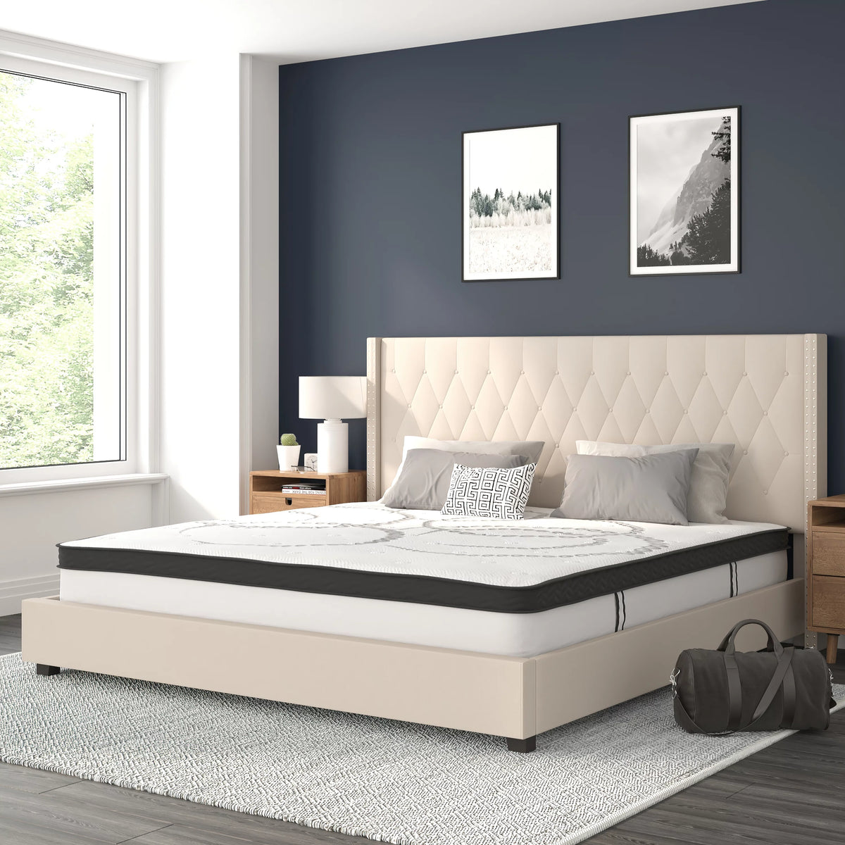 King Size Tufted Upholstered Platform Bed with Pocket Spring Mattress T9485
