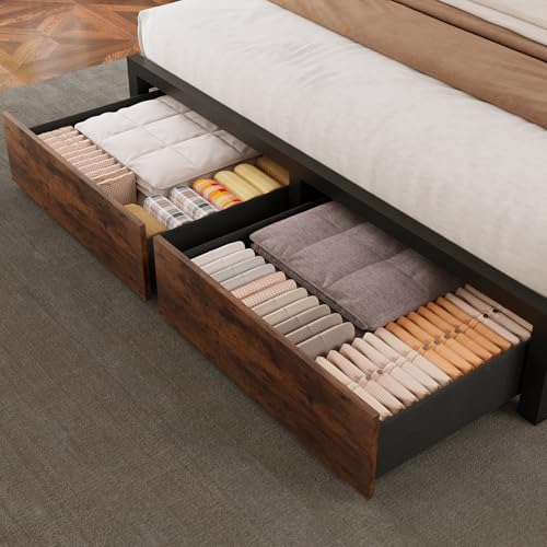 Brown Full Bed Frame with Bookcase Storage Headboard and 2 Storage Drawers J3475