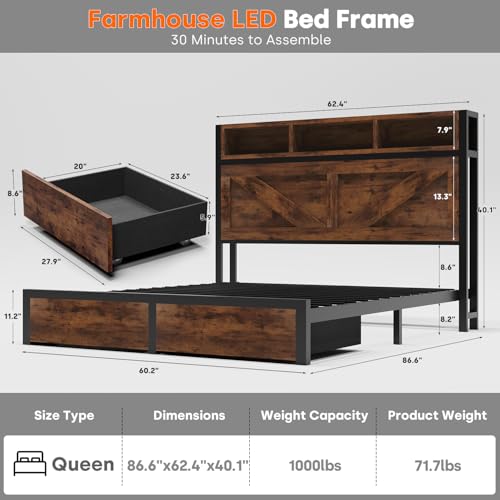 Brown Full Bed Frame with Bookcase Storage Headboard and 2 Storage Drawers J3475